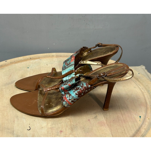 Nine West Strappy Heel Stacked Heel Womens‎ 9M Brown Floral Retro - Picture 3 of 8